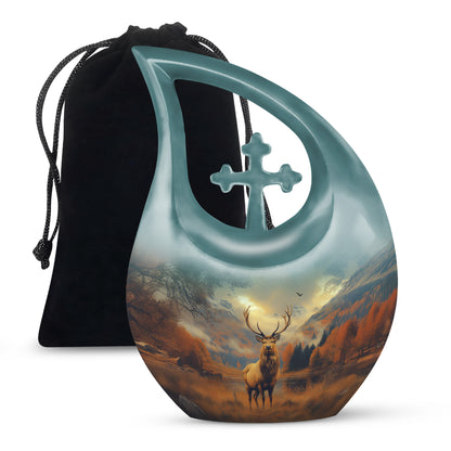Gilded Gold Deer Cremation Urn top-down view of secure threaded lid - cross and deer combined in spiritual memorial design - full-size 10 inch 200 cubic inch adult cremation urn