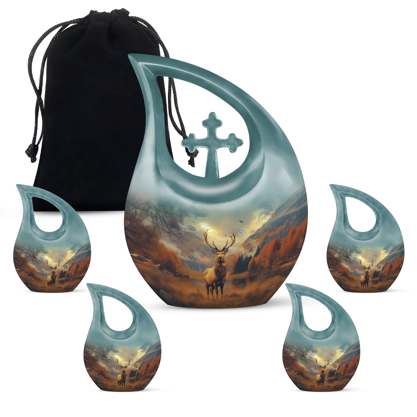 Burnished Gold Deer Cremation Urn urn with complimentary velvet bag - faith-inspired cross-drop urn with deer pattern - memorial set with one large and four small urns
