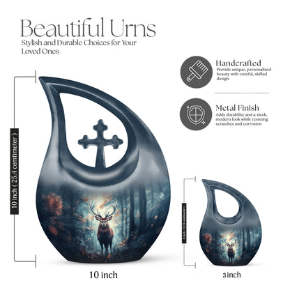 Misty Blue Deer Cremation Urn back view with polished surface - cross and deer combined in spiritual memorial design - mini keepsake memorial for portion of cremation ashes