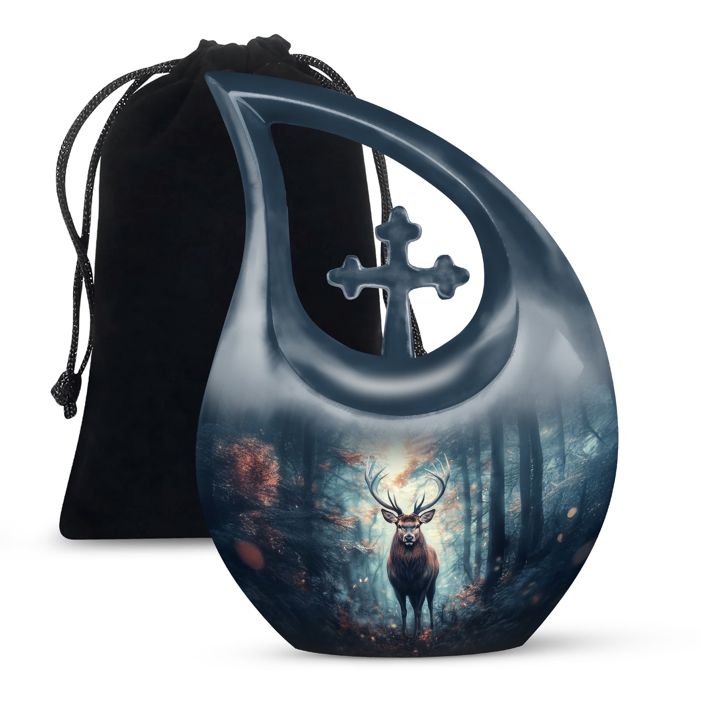 Steel Blue Deer Cremation Urn top-down view of secure threaded lid - faith-inspired cross-drop urn with deer pattern - full-size 10 inch 200 cubic inch adult cremation urn