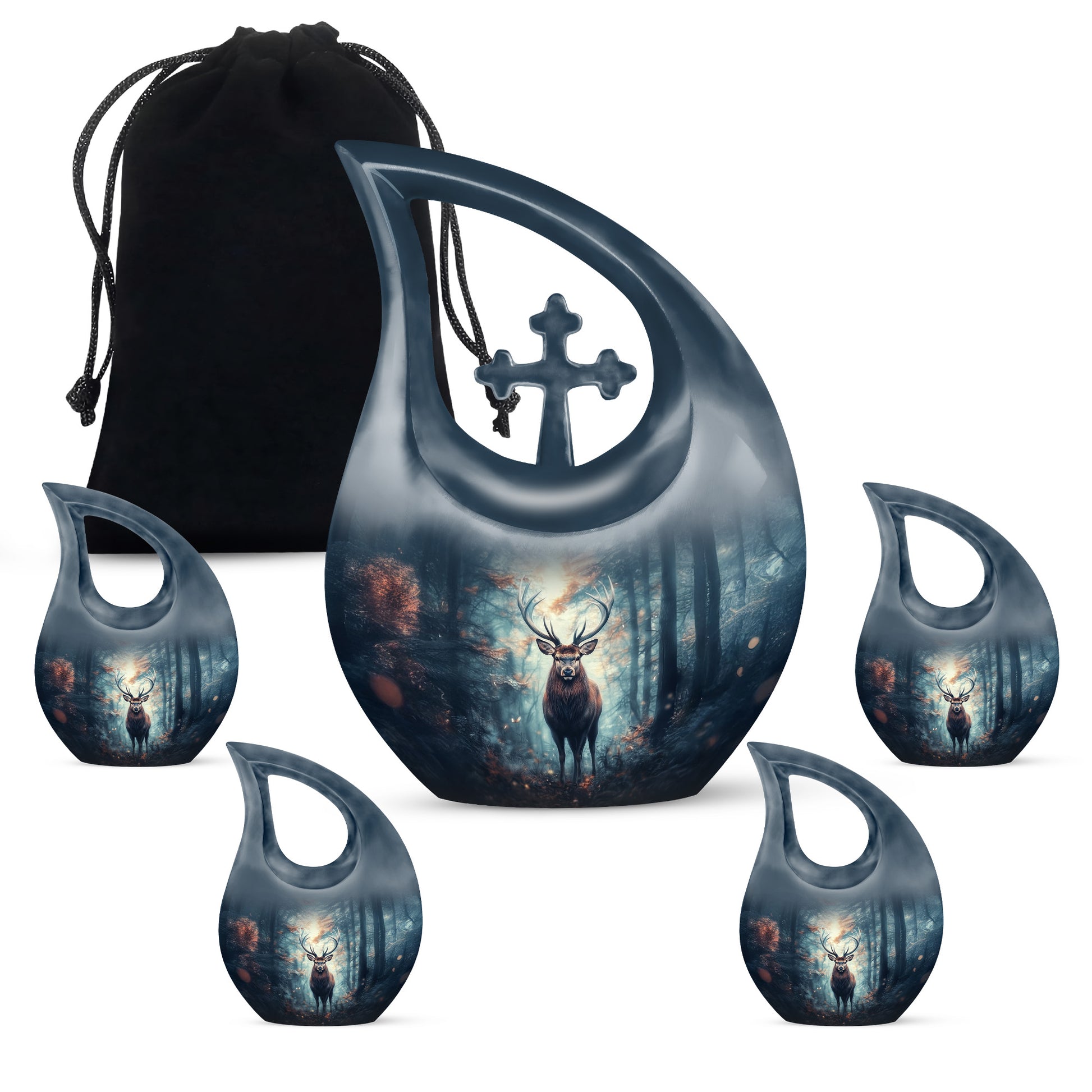 Cobalt Blue Deer Cremation Urn urn with complimentary velvet bag - devotional cross-drop deer engraving - memorial set with one large and four small urns