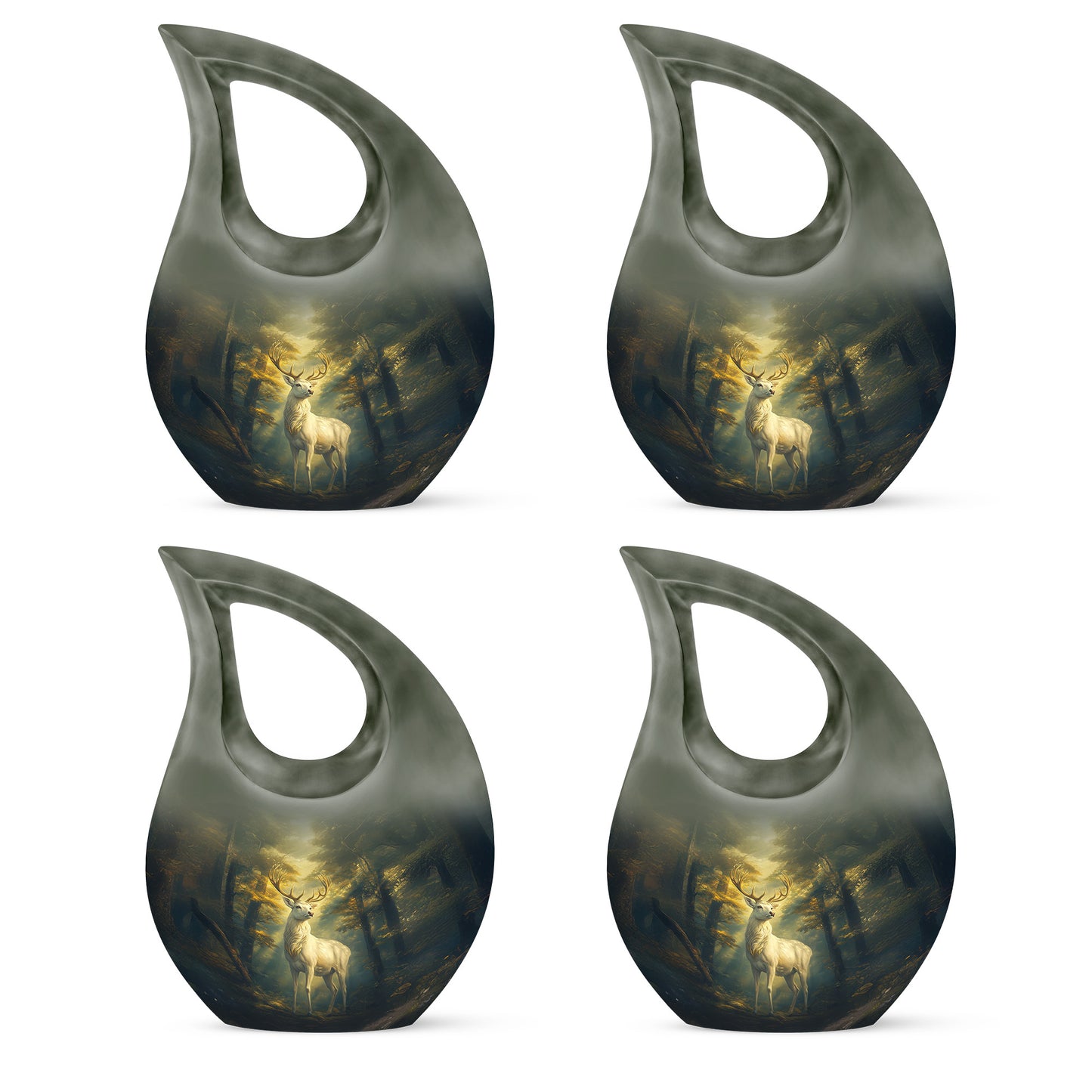 Midnight Black Deer Cremation Urn lifestyle display on memorial shelf - devotional cross-drop deer engraving - 10 inch aluminum urn for cremated remains