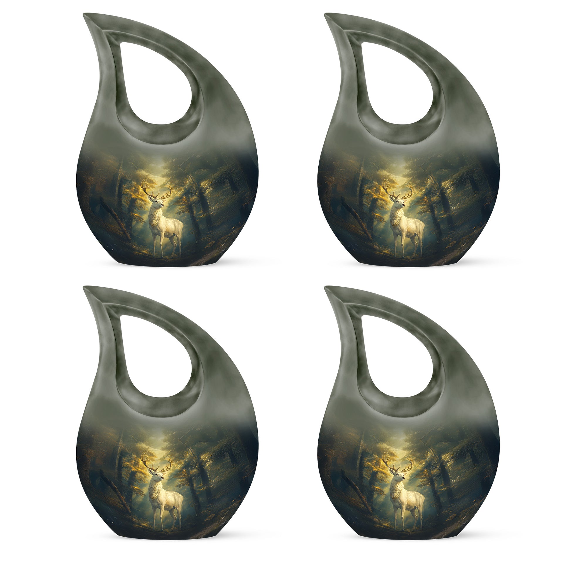 Midnight Black Deer Cremation Urn lifestyle display on memorial shelf - devotional cross-drop deer engraving - 10 inch aluminum urn for cremated remains