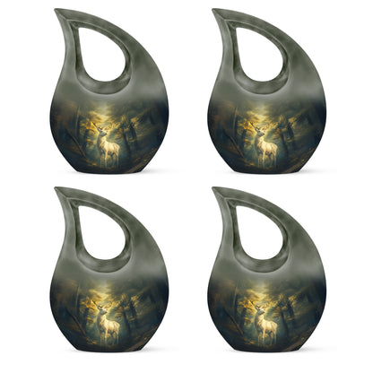 Midnight Black Deer Cremation Urn lifestyle display on memorial shelf - devotional cross-drop deer engraving - 10 inch aluminum urn for cremated remains