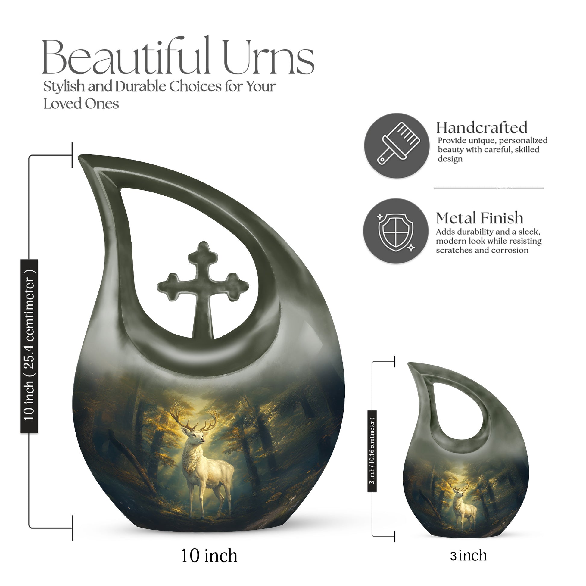 Onyx Black Deer Cremation Urn back view with polished surface - devotional cross-drop deer engraving - mini keepsake memorial for portion of cremation ashes
