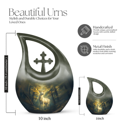 Onyx Black Deer Cremation Urn back view with polished surface - devotional cross-drop deer engraving - mini keepsake memorial for portion of cremation ashes