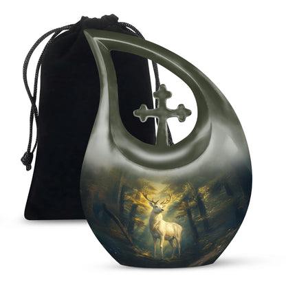 Onyx Black Deer Cremation Urn top-down view of secure threaded lid - devotional cross-drop deer engraving - full-size 10 inch 200 cubic inch adult cremation urn