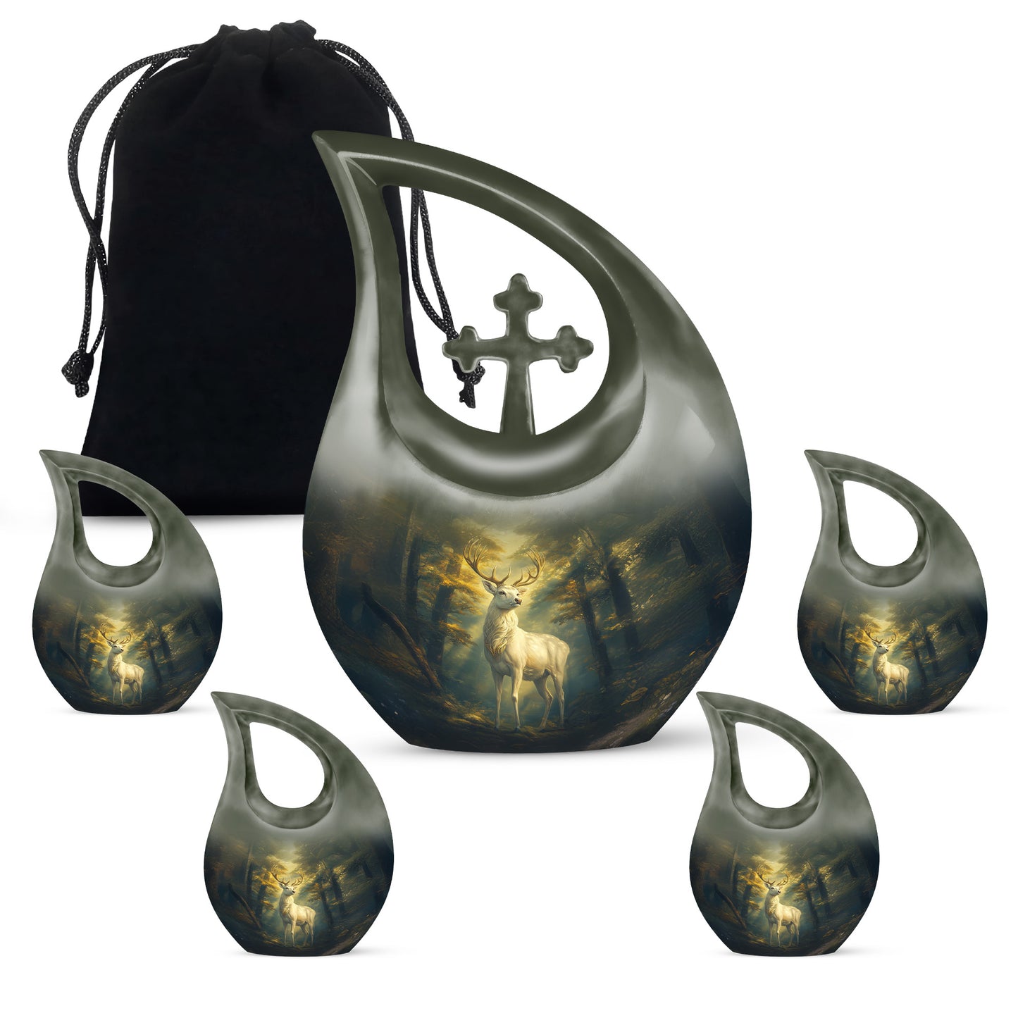 Jet Black Deer Cremation Urn urn with complimentary velvet bag - sacred cross merged with deer motif on metal - memorial set with one large and four small urns