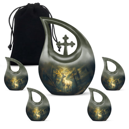 Jet Black Deer Cremation Urn urn with complimentary velvet bag - sacred cross merged with deer motif on metal - memorial set with one large and four small urns