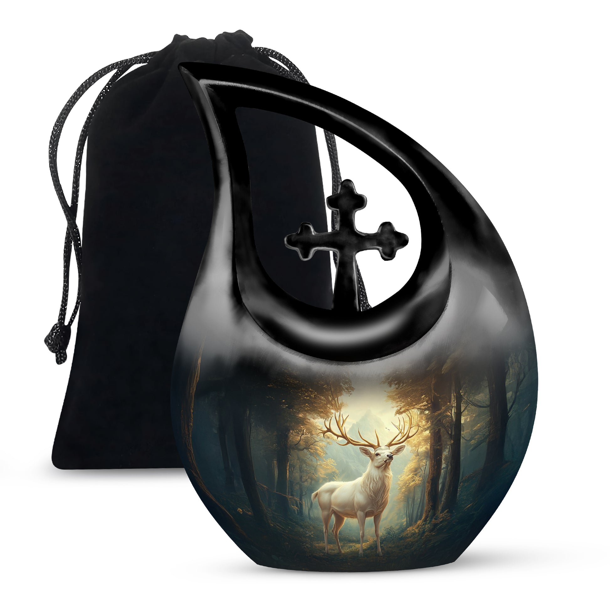 Gilded Gold Deer Cremation Urn top-down view of secure threaded lid - sacred cross merged with deer motif on metal - full-size 10 inch 200 cubic inch adult cremation urn