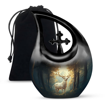 Gilded Gold Deer Cremation Urn top-down view of secure threaded lid - sacred cross merged with deer motif on metal - full-size 10 inch 200 cubic inch adult cremation urn
