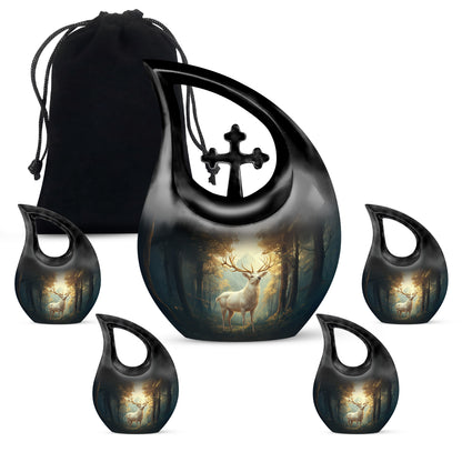 Champagne Gold Deer Cremation Urn urn with complimentary velvet bag - cross and deer combined in spiritual memorial design - memorial set with one large and four small urns