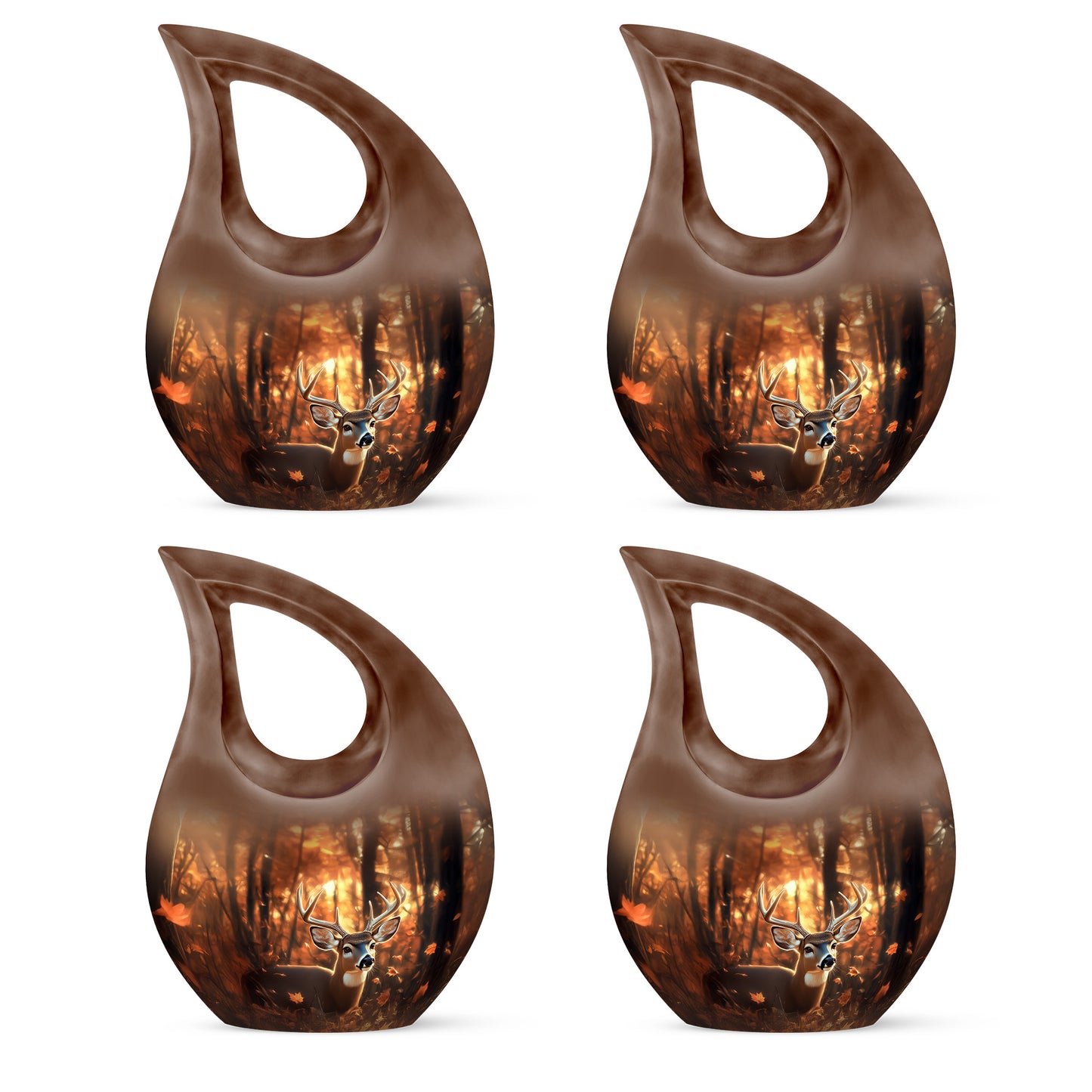 Sunrise Gold Deer Cremation Urn lifestyle display on memorial shelf - cross and deer combined in spiritual memorial design - 10 inch aluminum urn for cremated remains