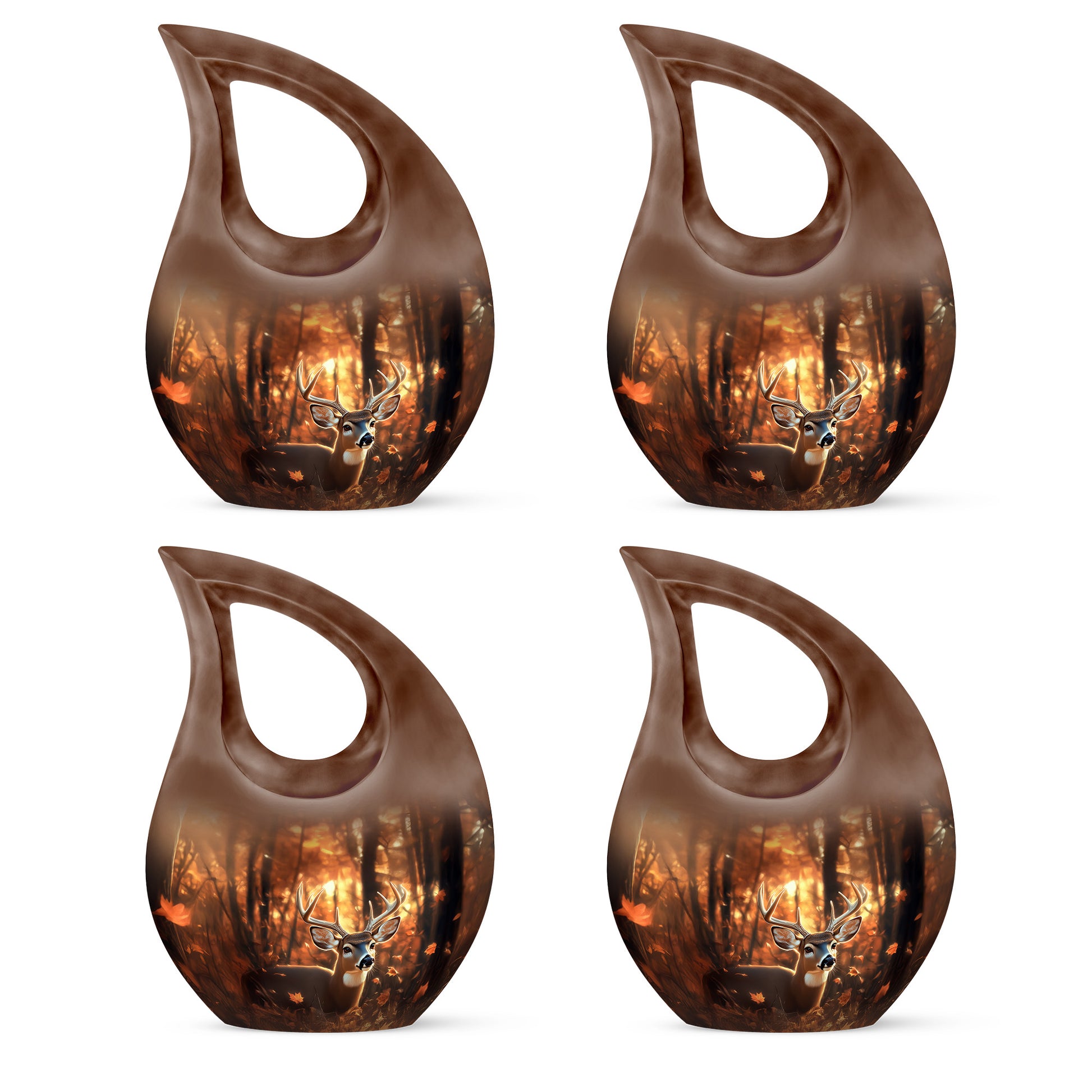 Sunrise Gold Deer Cremation Urn lifestyle display on memorial shelf - cross and deer combined in spiritual memorial design - 10 inch aluminum urn for cremated remains