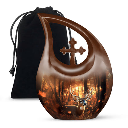 Harvest Gold Deer Cremation Urn top-down view of secure threaded lid - devotional cross-drop deer engraving - full-size 10 inch 200 cubic inch adult cremation urn