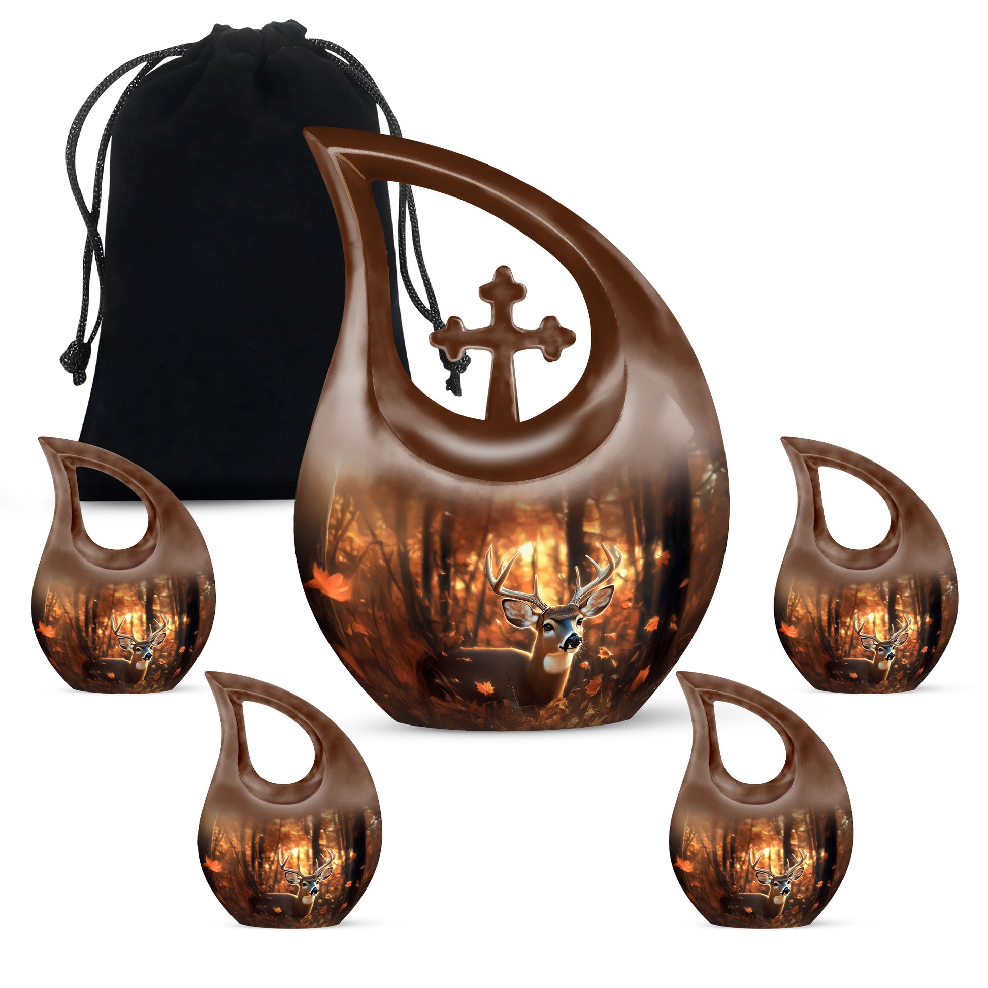 Amber Gold Deer Cremation Urn urn with complimentary velvet bag - cross and deer combined in spiritual memorial design - memorial set with one large and four small urns