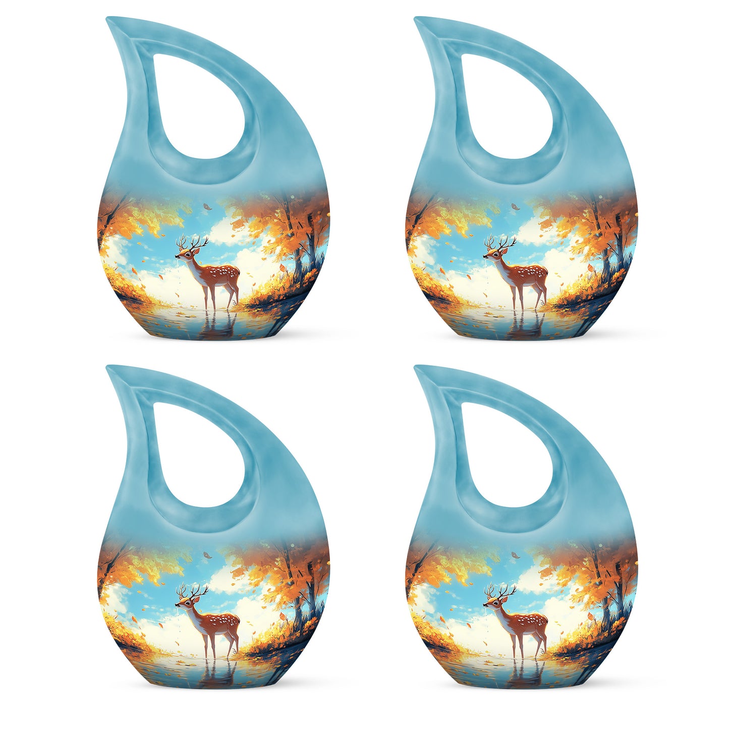 Soft Teal Deer Cremation Urn lifestyle display on memorial shelf - cross and deer combined in spiritual memorial design - 10 inch aluminum urn for cremated remains