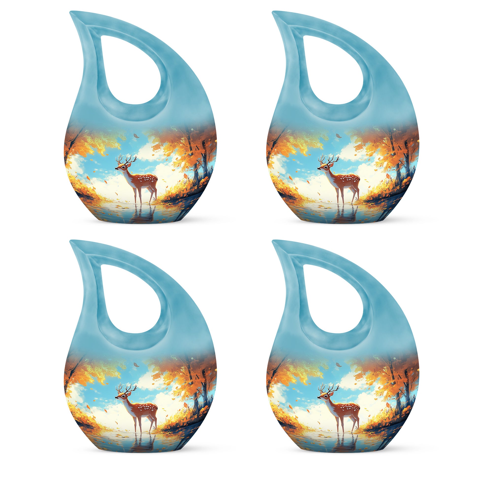 Soft Teal Deer Cremation Urn lifestyle display on memorial shelf - cross and deer combined in spiritual memorial design - 10 inch aluminum urn for cremated remains