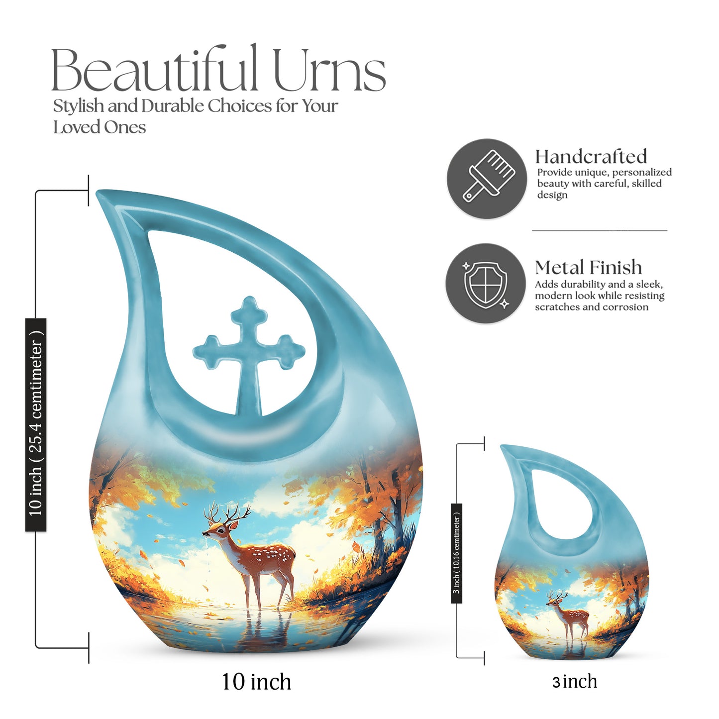 Aqua Teal Deer Cremation Urn back view with polished surface - faith-inspired cross-drop urn with deer pattern - mini keepsake memorial for portion of cremation ashes
