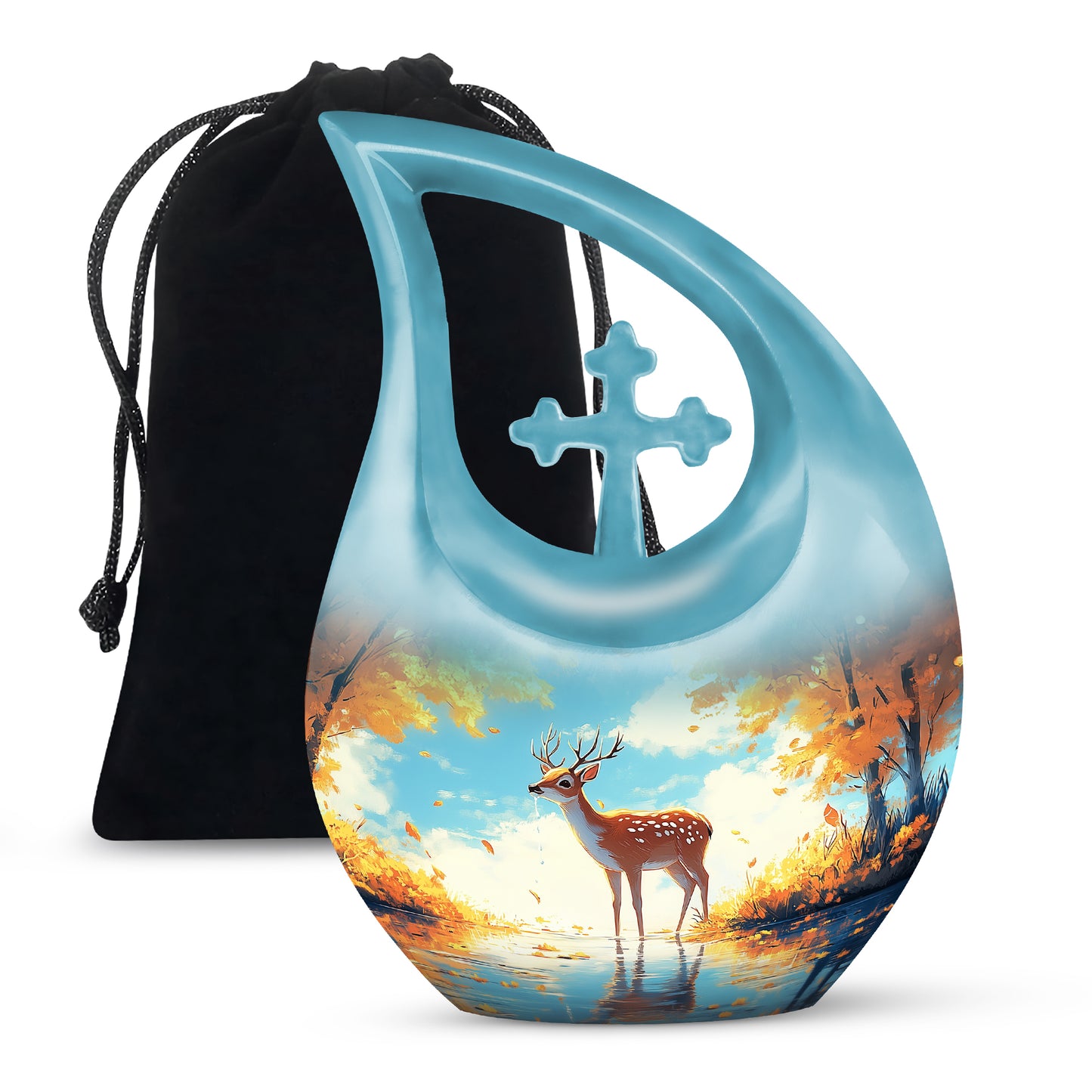 Aqua Teal Deer Cremation Urn top-down view of secure threaded lid - devotional cross-drop deer engraving - full-size 10 inch 200 cubic inch adult cremation urn
