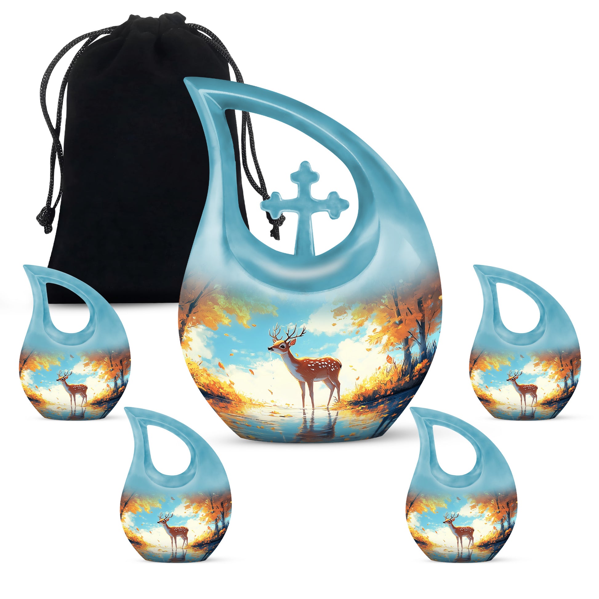 Ocean Teal Deer Cremation Urn urn with complimentary velvet bag - sacred cross merged with deer motif on metal - memorial set with one large and four small urns