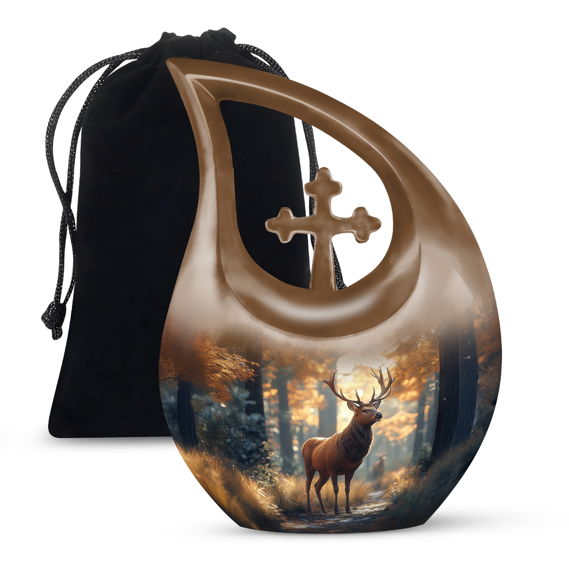Warm Gold Deer Cremation Urn top-down view of secure threaded lid - faith-inspired cross-drop urn with deer pattern - full-size 10 inch 200 cubic inch adult cremation urn