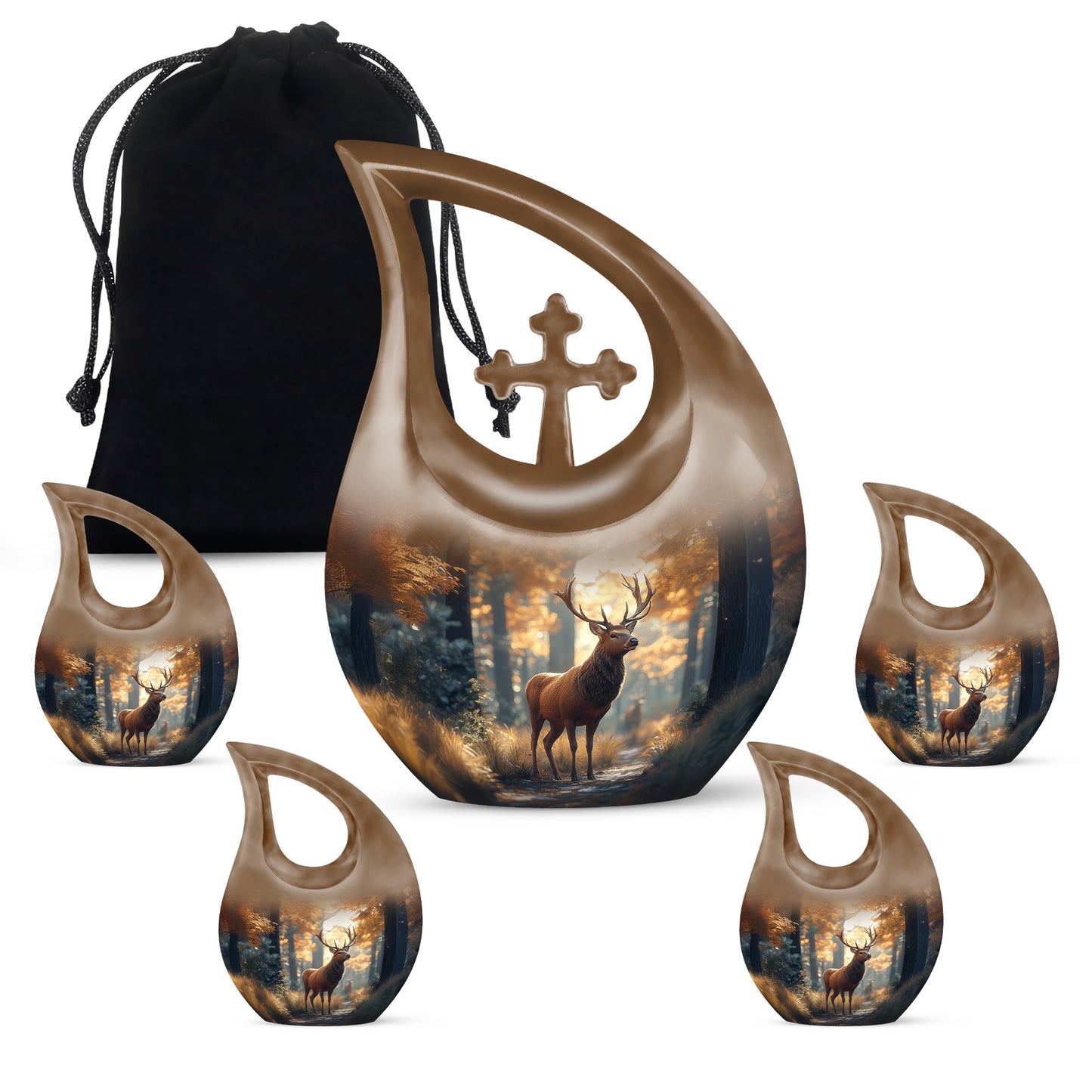 Royal Gold Deer Cremation Urn urn with complimentary velvet bag - faith-inspired cross-drop urn with deer pattern - memorial set with one large and four small urns