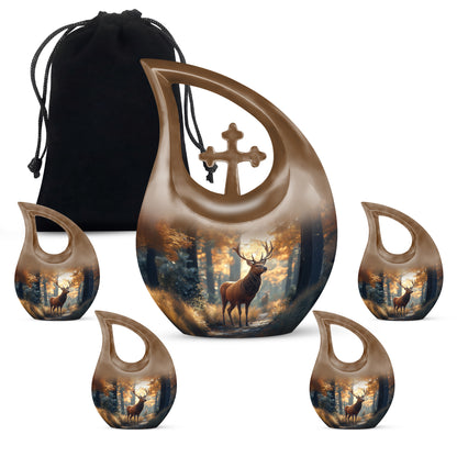 Royal Gold Deer Cremation Urn urn with complimentary velvet bag - faith-inspired cross-drop urn with deer pattern - memorial set with one large and four small urns