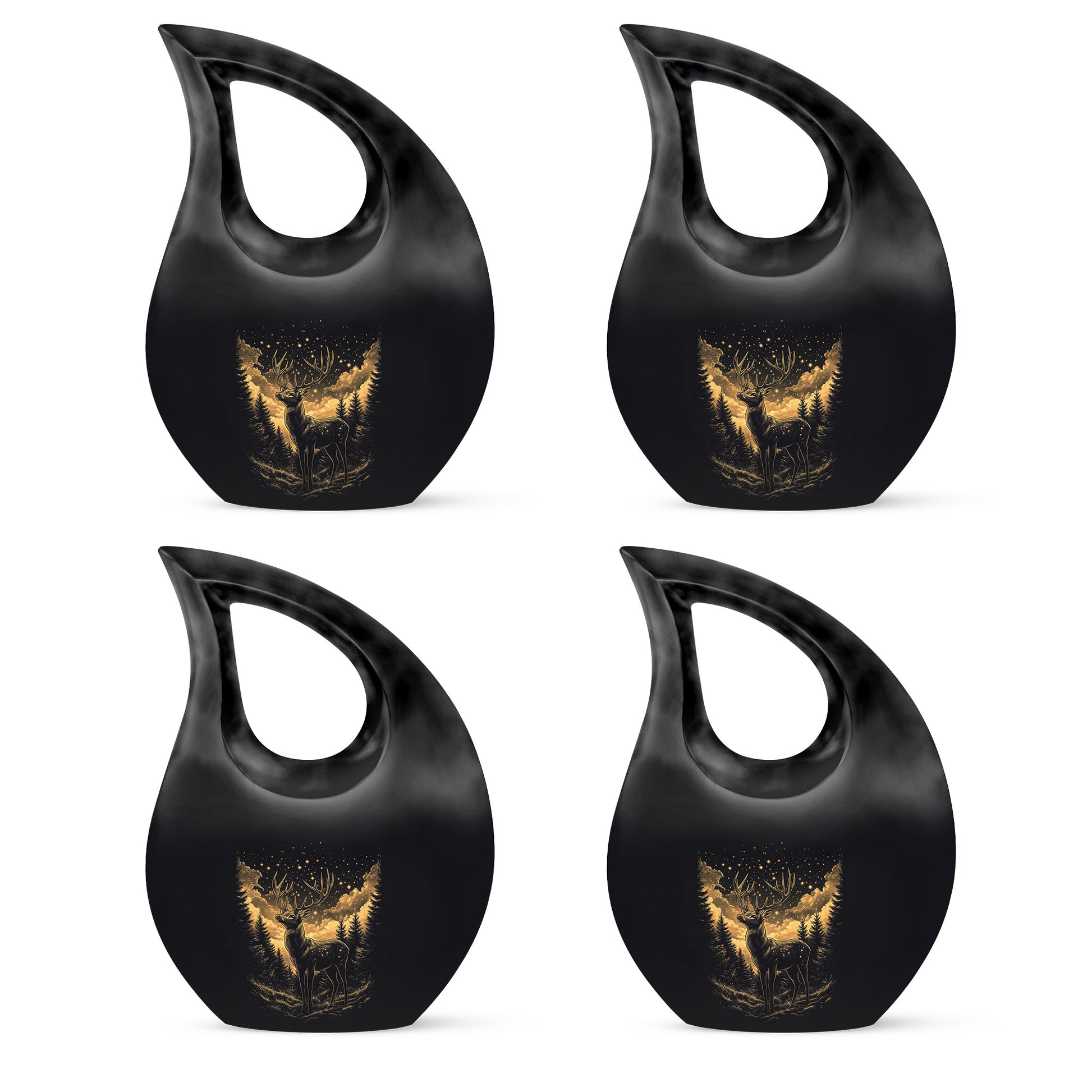 Midnight Black Deer Cremation Urn lifestyle display on memorial shelf - faith-inspired cross-drop urn with deer pattern - 10 inch aluminum urn for cremated remains