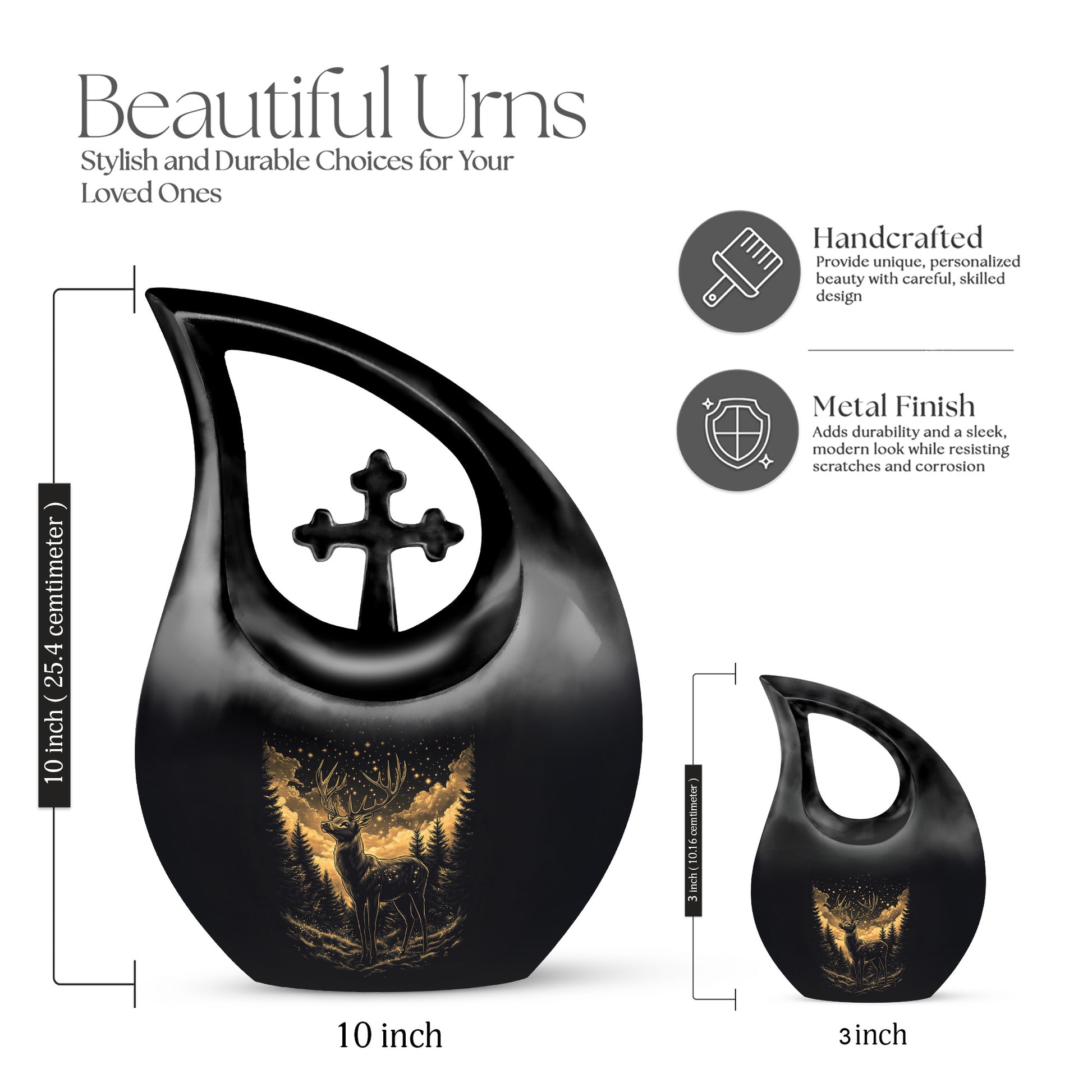 Midnight Black Deer Cremation Urn back view with polished surface - faith-inspired cross-drop urn with deer pattern - mini keepsake memorial for portion of cremation ashes