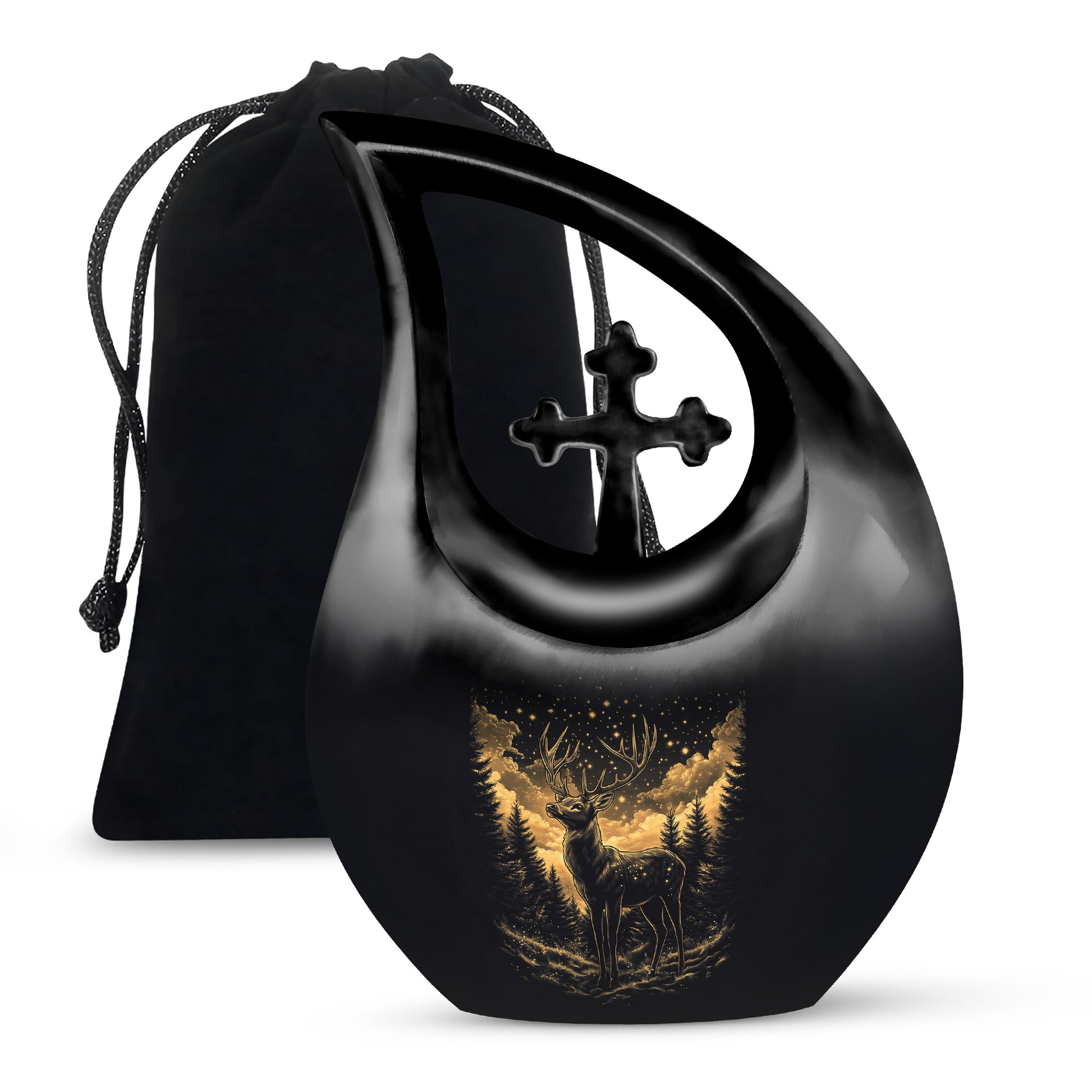 Deep Black Deer Cremation Urn top-down view of secure threaded lid - sacred cross merged with deer motif on metal - full-size 10 inch 200 cubic inch adult cremation urn