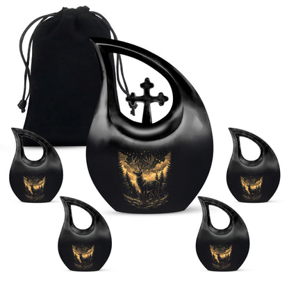 Glossy Black Deer Cremation Urn urn with complimentary velvet bag - cross and deer combined in spiritual memorial design - memorial set with one large and four small urns