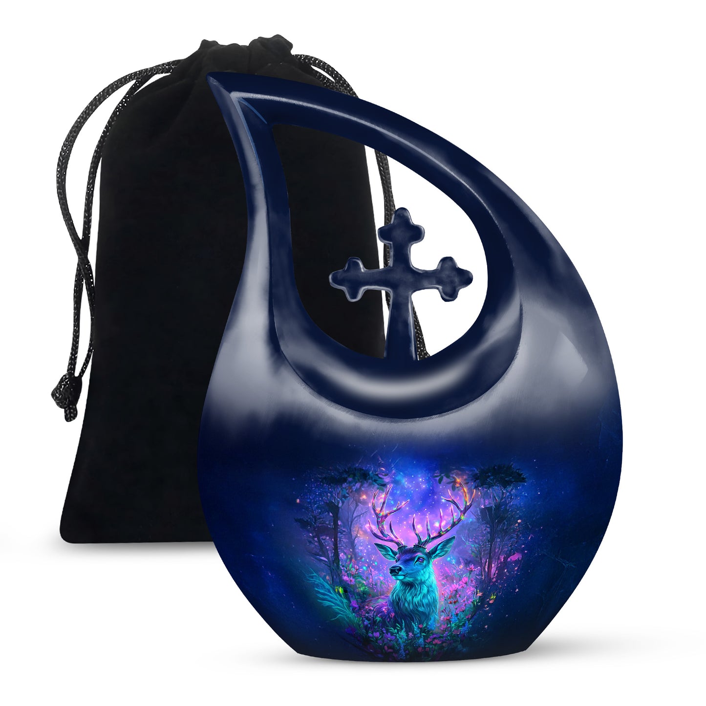 Cornflower Blue Deer Cremation Urn top-down view of secure threaded lid - devotional cross-drop deer engraving - full-size 10 inch 200 cubic inch adult cremation urn