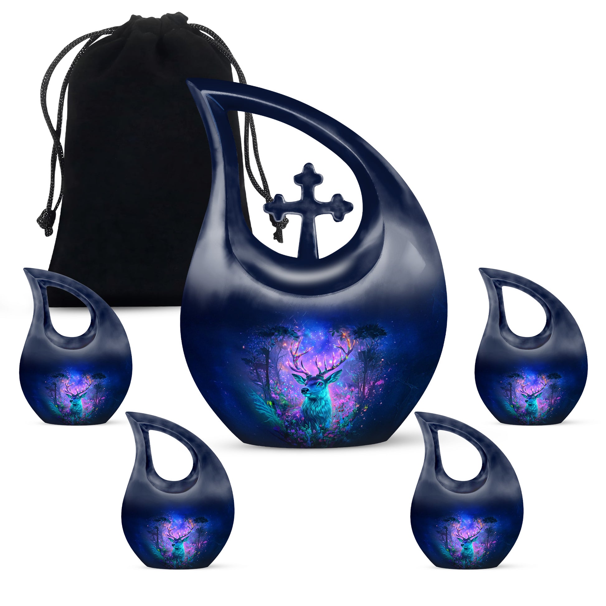 Azure Deer Cremation Urn urn with complimentary velvet bag - cross and deer combined in spiritual memorial design - memorial set with one large and four small urns