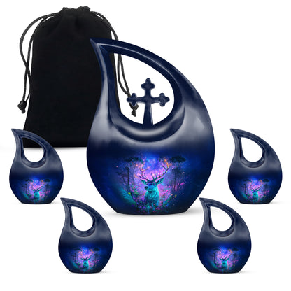 Azure Deer Cremation Urn urn with complimentary velvet bag - cross and deer combined in spiritual memorial design - memorial set with one large and four small urns