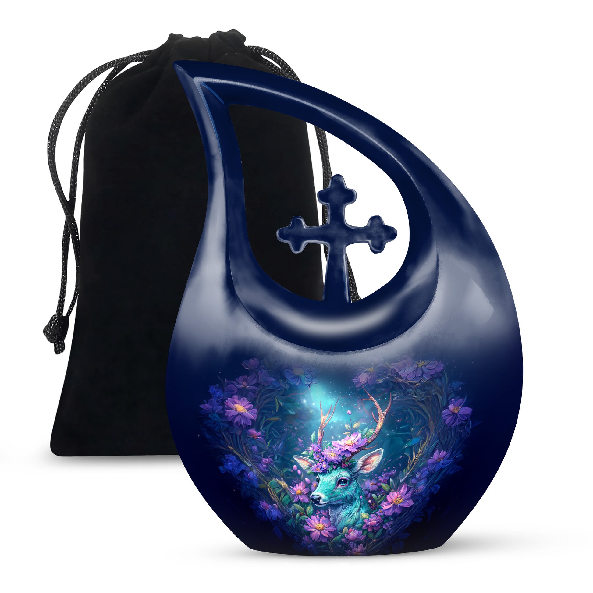 Sky Blue Deer Cremation Urn top-down view of secure threaded lid - sacred cross merged with deer motif on metal - full-size 10 inch 200 cubic inch adult cremation urn