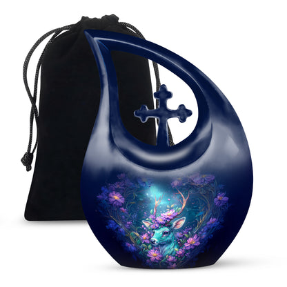 Sky Blue Deer Cremation Urn top-down view of secure threaded lid - sacred cross merged with deer motif on metal - full-size 10 inch 200 cubic inch adult cremation urn