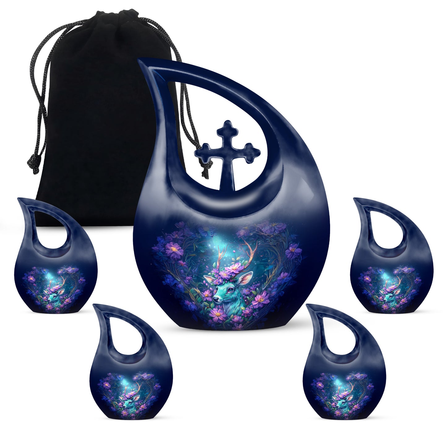 Sapphire Blue Deer Cremation Urn urn with complimentary velvet bag - devotional cross-drop deer engraving - memorial set with one large and four small urns