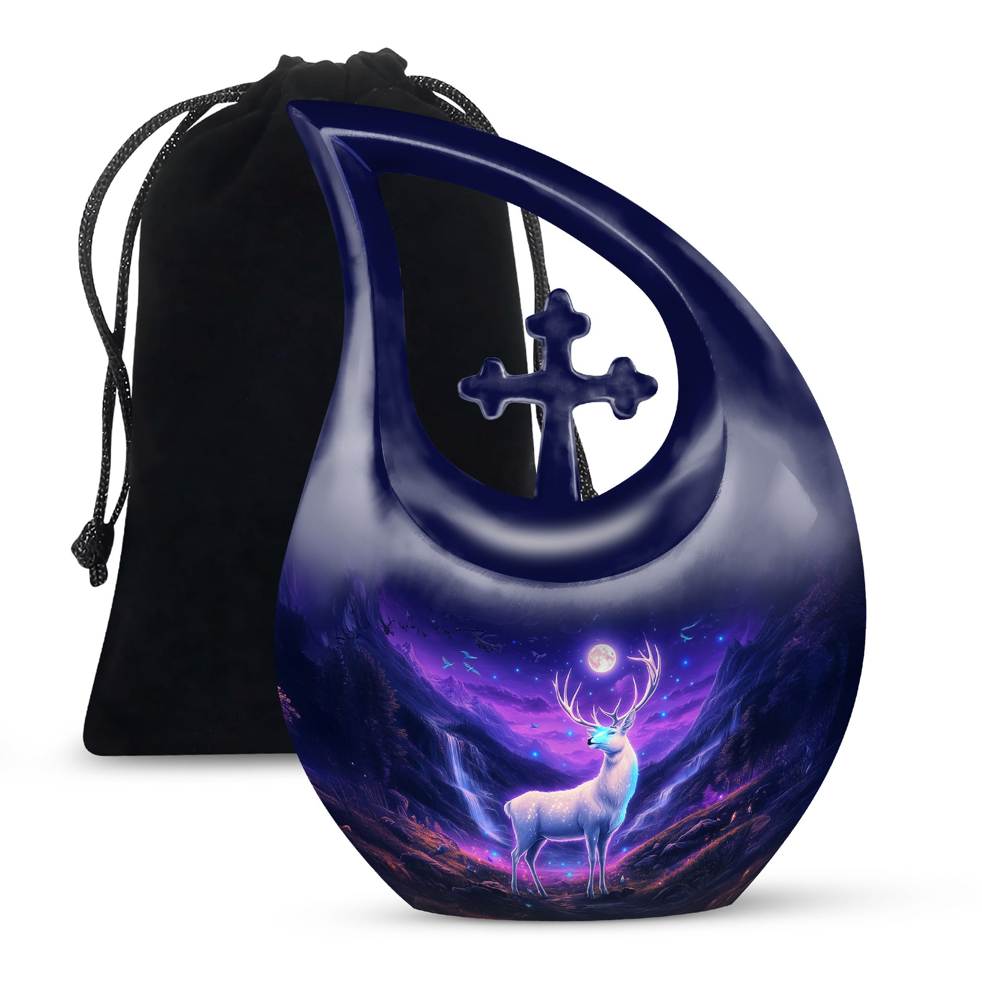 Cobalt Blue Deer Cremation Urn top-down view of secure threaded lid - devotional cross-drop deer engraving - full-size 10 inch 200 cubic inch adult cremation urn