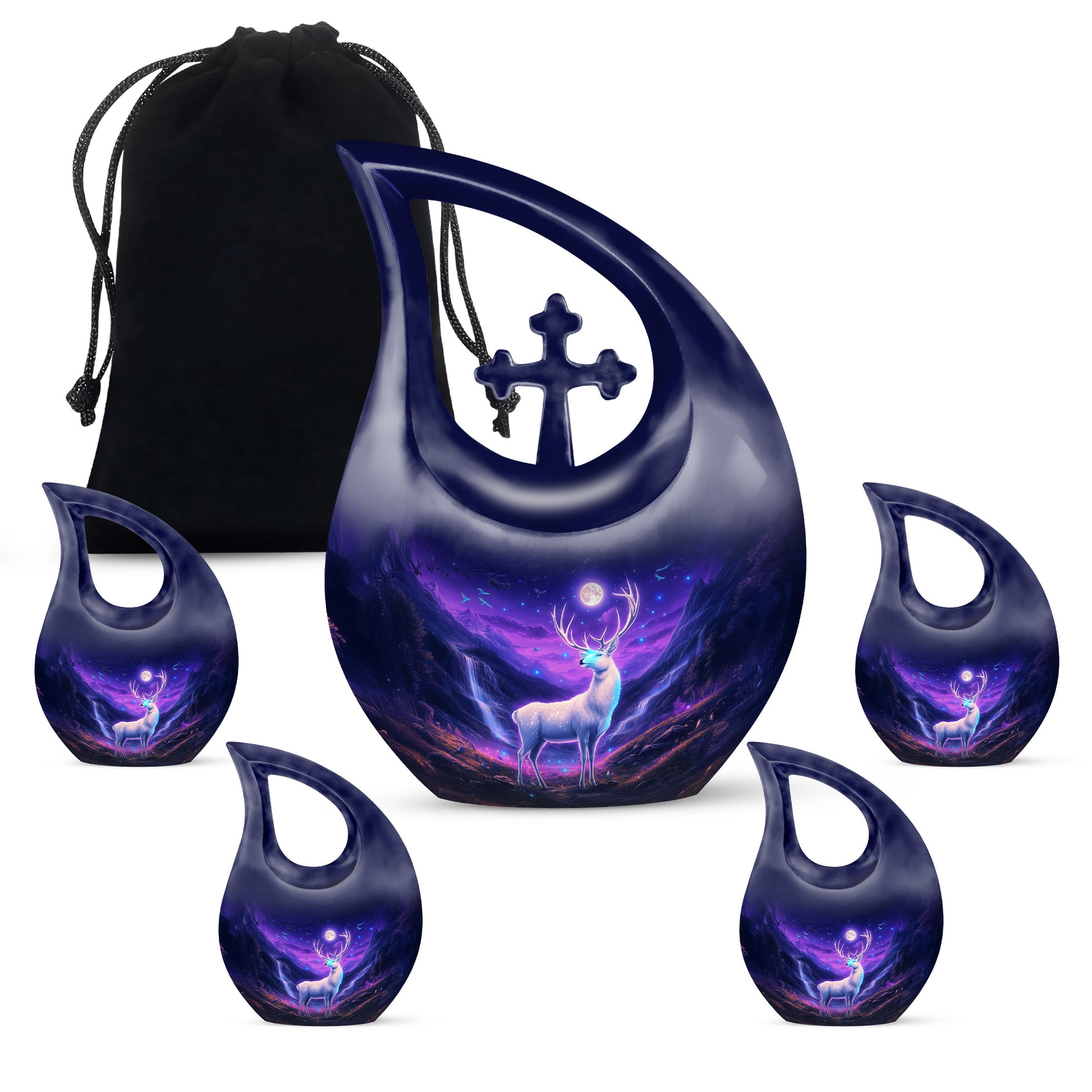 Sky Blue Deer Cremation Urn urn with complimentary velvet bag - sacred cross merged with deer motif on metal - memorial set with one large and four small urns