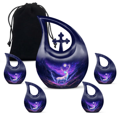 Sky Blue Deer Cremation Urn urn with complimentary velvet bag - sacred cross merged with deer motif on metal - memorial set with one large and four small urns