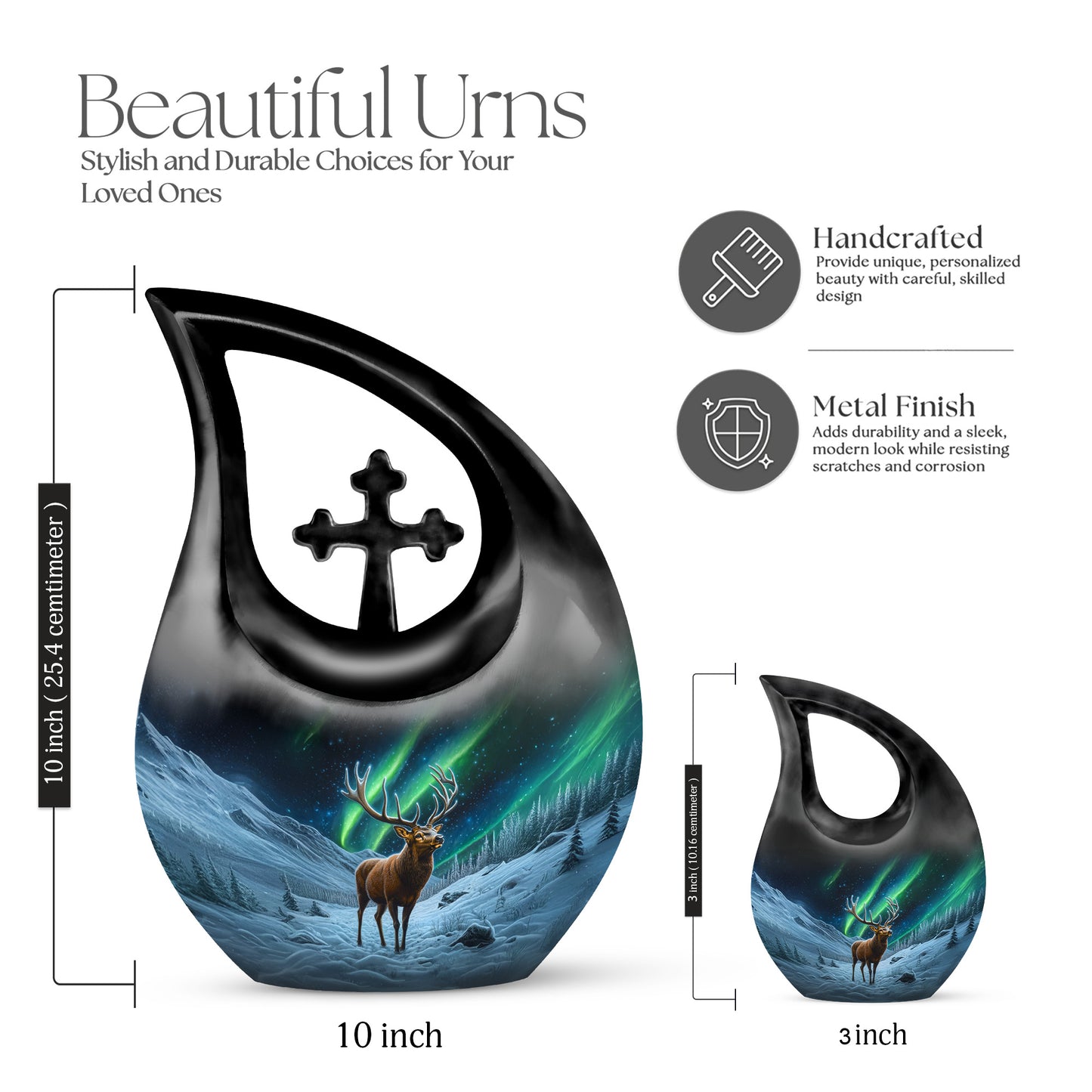 Midnight Black Deer Cremation Urn back view with polished surface - devotional cross-drop deer engraving - mini keepsake memorial for portion of cremation ashes