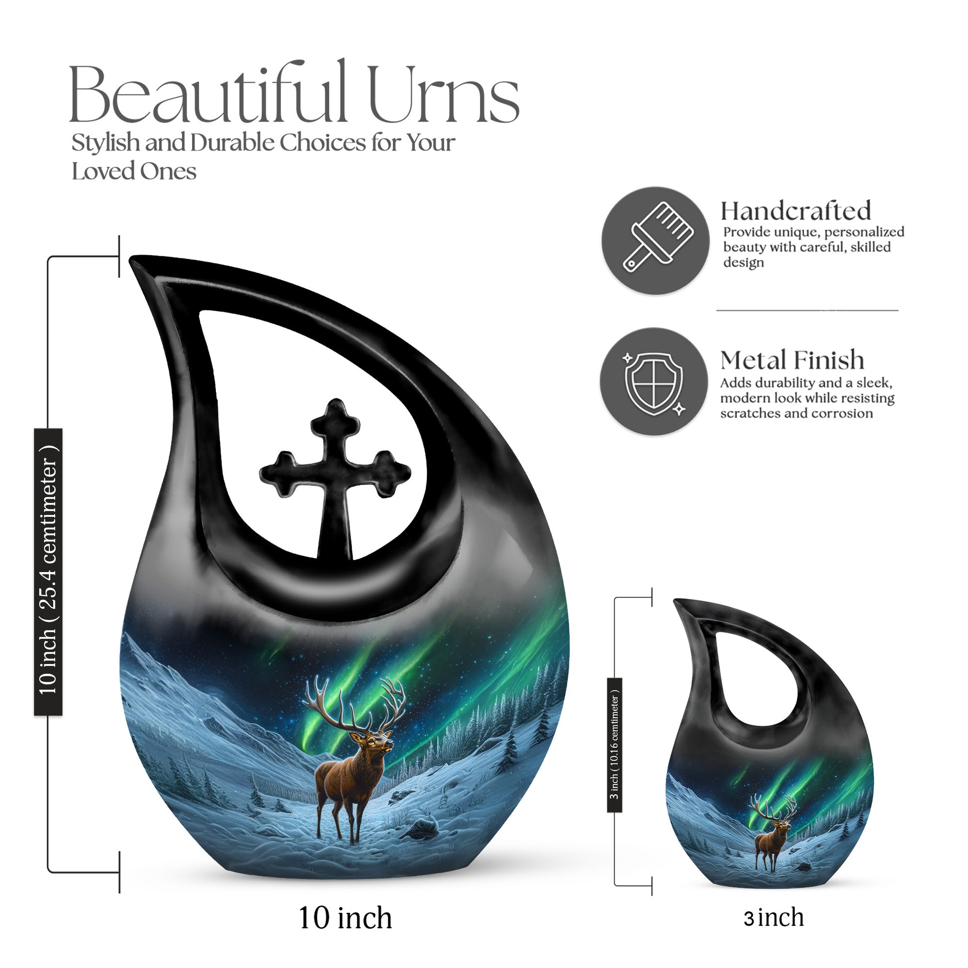 Midnight Black Deer Cremation Urn back view with polished surface - devotional cross-drop deer engraving - mini keepsake memorial for portion of cremation ashes