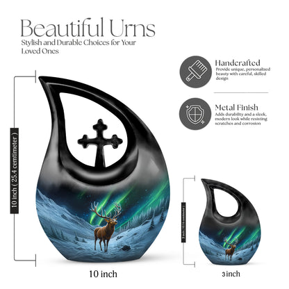 Midnight Black Deer Cremation Urn back view with polished surface - devotional cross-drop deer engraving - mini keepsake memorial for portion of cremation ashes