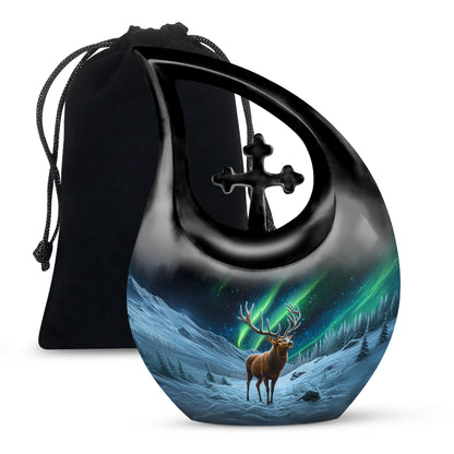 Onyx Black Deer Cremation Urn top-down view of secure threaded lid - devotional cross-drop deer engraving - full-size 10 inch 200 cubic inch adult cremation urn