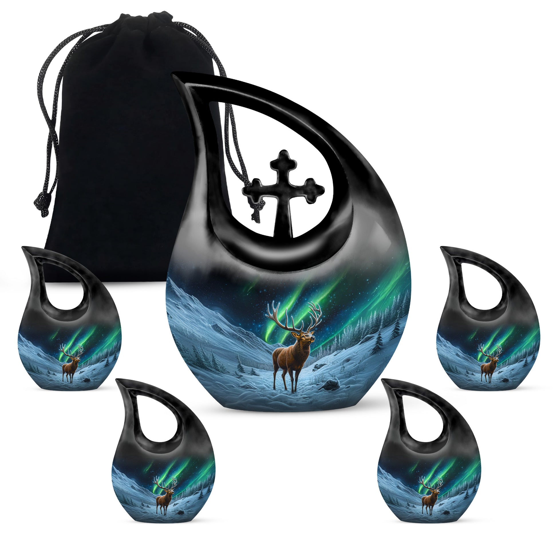 Deep Black Deer Cremation Urn urn with complimentary velvet bag - sacred cross merged with deer motif on metal - memorial set with one large and four small urns