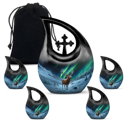 Deep Black Deer Cremation Urn urn with complimentary velvet bag - sacred cross merged with deer motif on metal - memorial set with one large and four small urns
