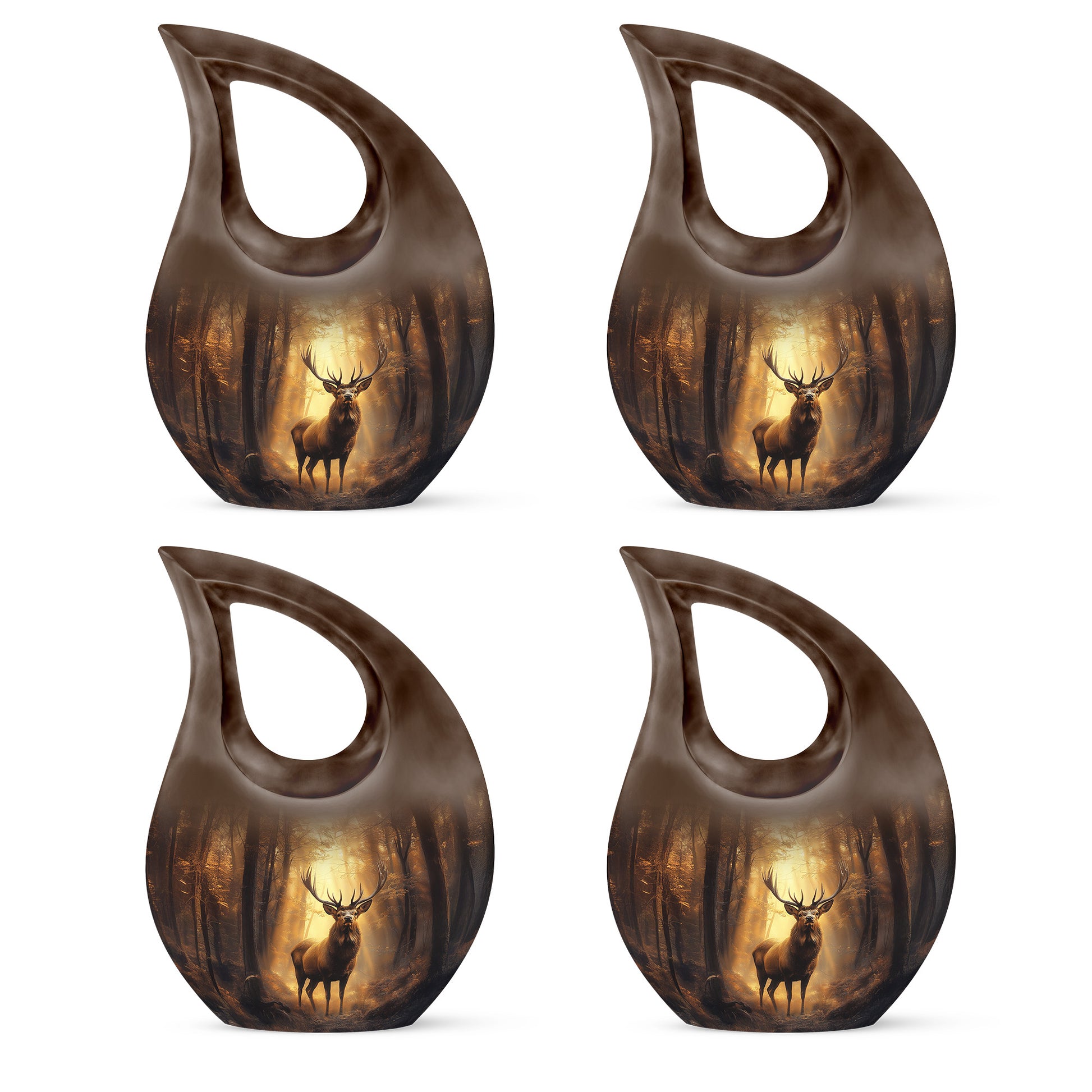 Royal Gold Deer Cremation Urn lifestyle display on memorial shelf - faith-inspired cross-drop urn with deer pattern - 10 inch aluminum urn for cremated remains
