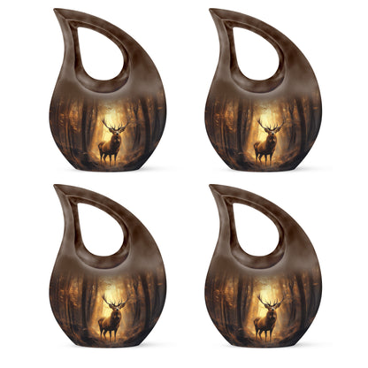 Royal Gold Deer Cremation Urn lifestyle display on memorial shelf - faith-inspired cross-drop urn with deer pattern - 10 inch aluminum urn for cremated remains