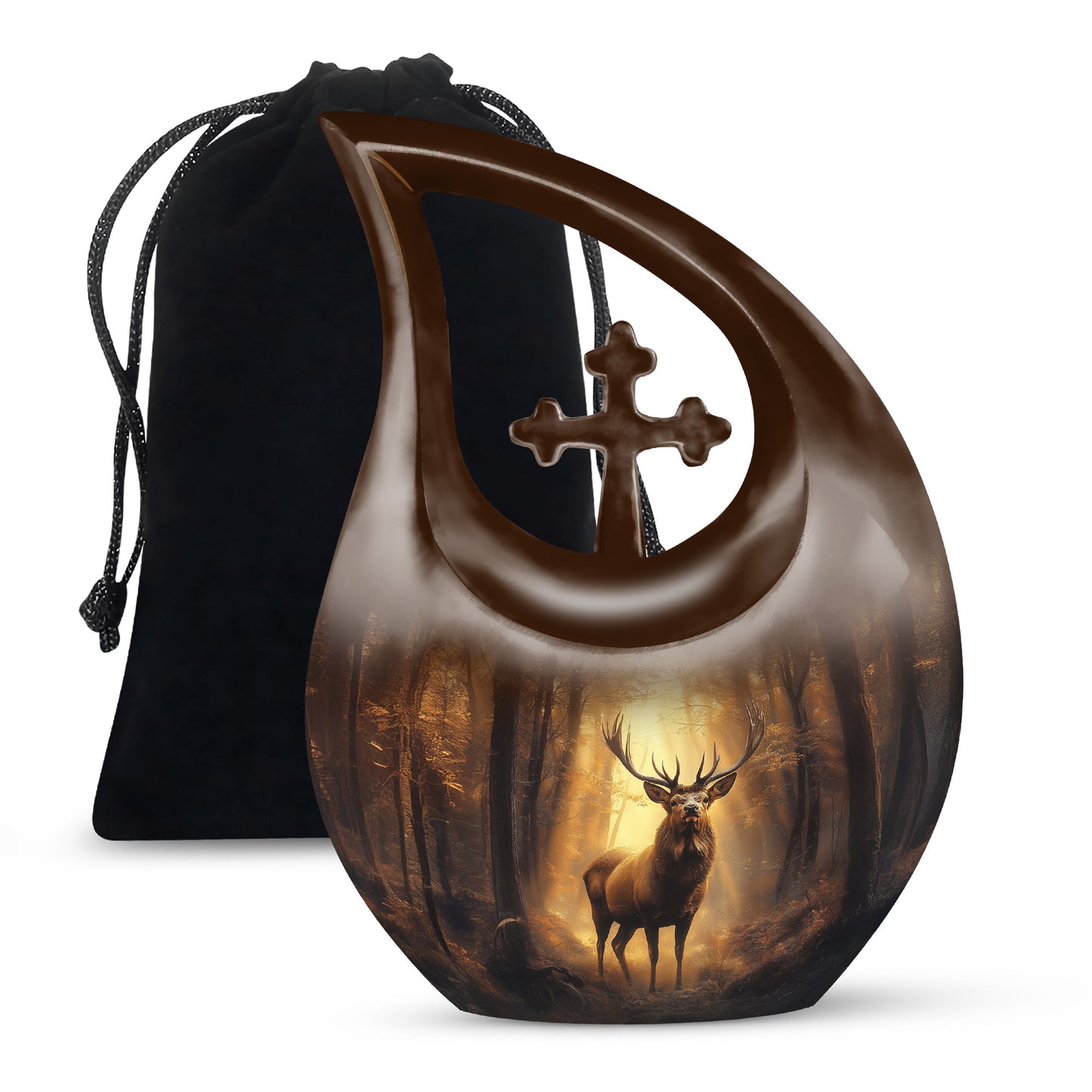 Warm Gold Deer Cremation Urn top-down view of secure threaded lid - devotional cross-drop deer engraving - full-size 10 inch 200 cubic inch adult cremation urn
